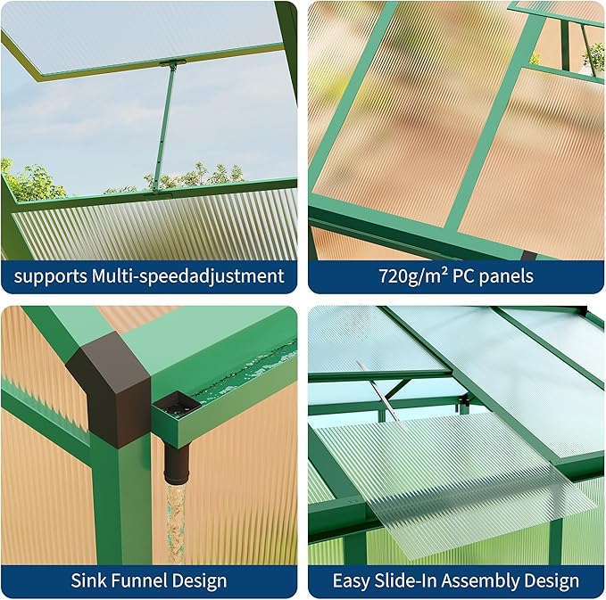 8x12 FT Greenhouse Easy Assembly Aluminum Polycarbonate Greenhouses for Outdoors with Roof Vent Large Aluminum Walk-in Greenhouse for Sunroom Patio Backyard Garden Sliding Lockable Door Green