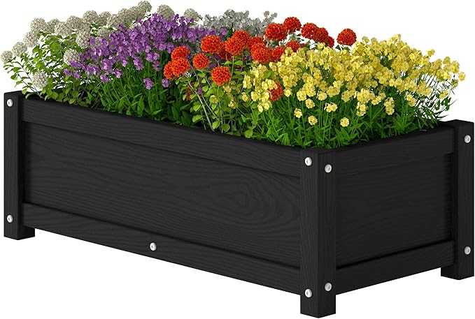 HDPE Planter Box All-Weather Outdoor Garden Bed Easy to Assemble Drainage System Low Maintenance Non-Fading for Flower/Herb/Seed (Black)