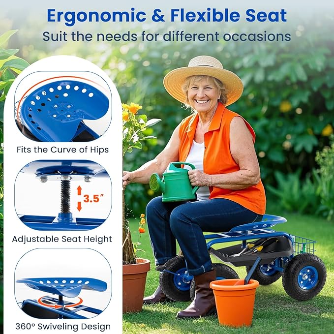 Giantex Garden Workseat 360 Swivel Rolling Seat with Wheels Tools Basket Gardening Cart with Seat Adjustable Height Wagon Scooter for Patio Lawn Yard Outdoor Steerable Stool (Blue)
