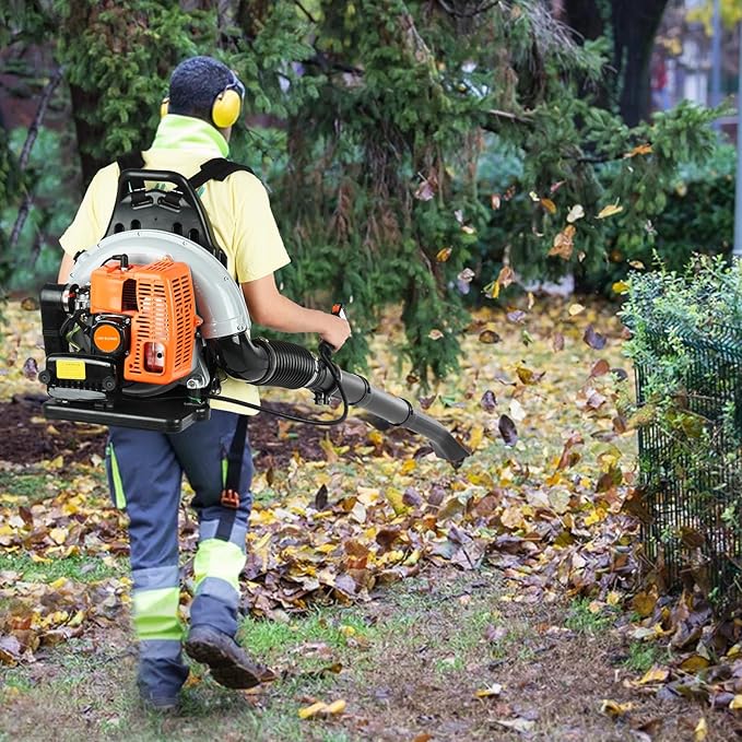 63CC Backpack Leaf Blower 2-Stroke Engine 6800r/min Gas Leaf Blower for Lawn Care Snow Blower Leaf Volume 1.7L Fuel Tank Blower for Road Cleaning Orange