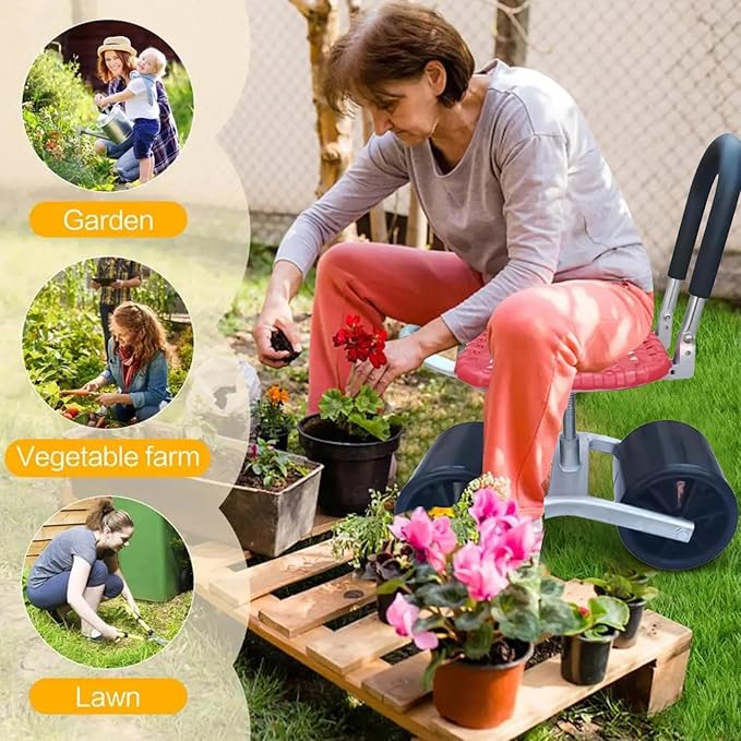 Swivel Garden Stool - Adjustable Height Rolling Seat with Wheels Mobile Harvesting Cart Chair Perfect Gardening Aid &amp Work Bench Tool for Comfort an