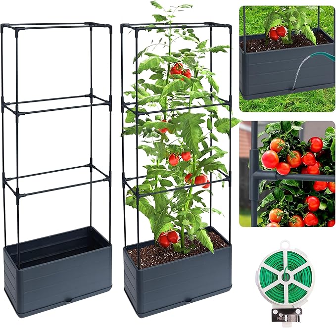 2 Packs Raised Garden Bed Tomato Planter Box with Trellis 43.4 Self-Watering Tomato Cage with Rectangular Trellis for Climbing Plants Flowers Vegetables Vine in Patio Garden Indoor Outdoor