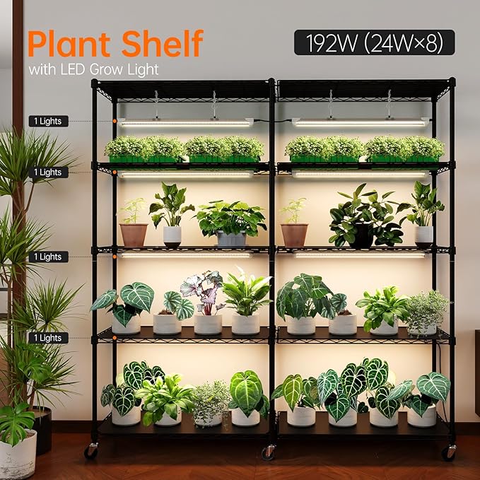 Bstrip 5-Tier Plant Shelf with Grow Light Large L-Shaped or Long Shape Indoor Plant Stand 8 Pack 192W T8 Full Spectrum Grow Lights for Indoor Plants &amp Seed Starting (58L x 13.8W x 59H)