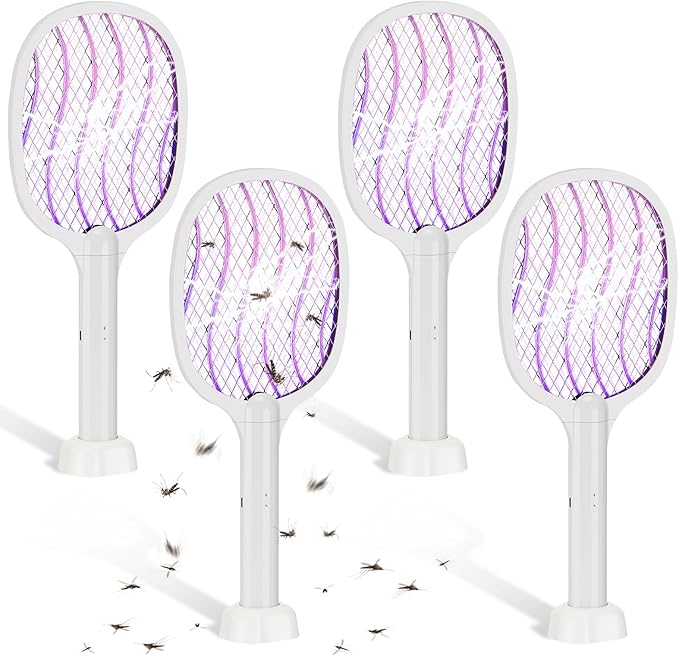 Qualirey 4 Pcs Electric Fly Swatter Bug Zapper Racket 2 in 1 USB Rechargeable Mosquito Racket 3000v High Powered Mosquito Killer for Indoor Outdoor Home Bedroom Kitchen Patio Office Insect(Waves)