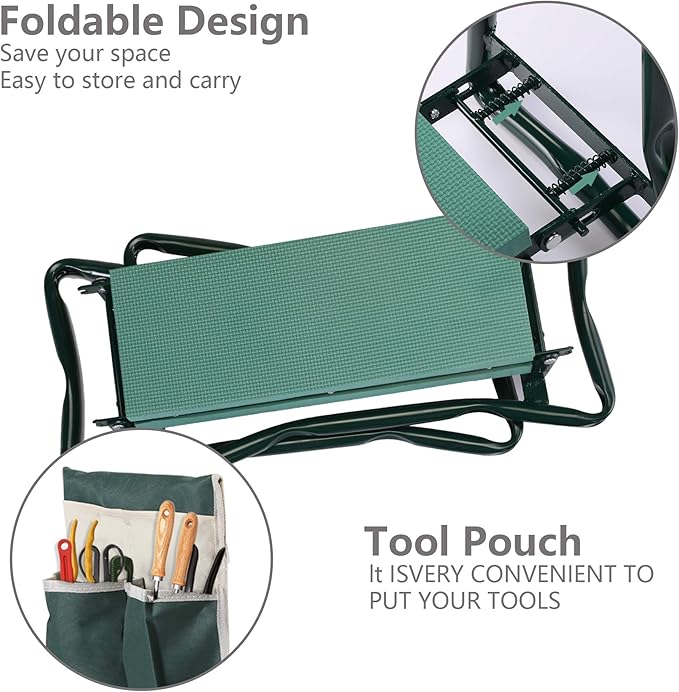 JAXPETY Garden Kneeler and Seat Foldable Gardening Stool Garden Bench with Thick EVA Pad 2 Tool Pouches Portable Kneeler for Gardening Gift for Family Green