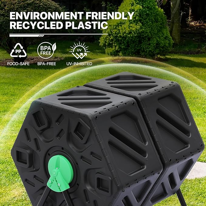 MoNiBloom 34 Gallon Compost Bins Outdoor Dual Chamber Composter Tumbler All-Season Fast Working Tumbling Composter High Volume Composter with 2 Sliding Doors