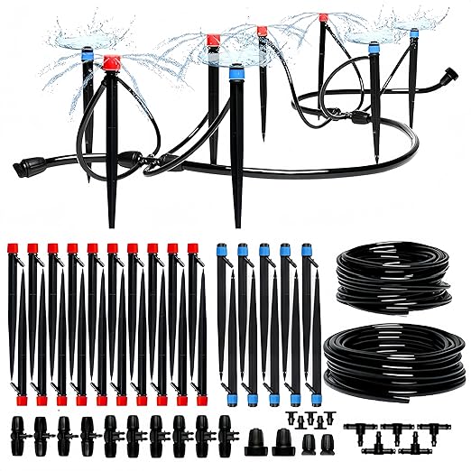 100FT Drip Irrigation System Adjustable Nozzle Irrigation System for Garden Automatic Garden Watering System with 5/16 &amp 1/4 Tubing DIY Drip Irrigation Parts for Yard Lawn Flower Beds
