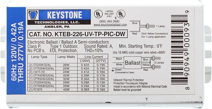 Keystone KTEB-226-UV-TP-PIC-DW Compact Fluorescent Ballast 1-Lamp 26W 120/277V