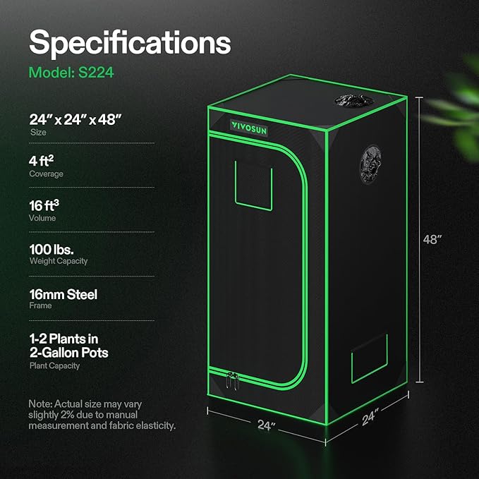 VIVOSUN S224 2x2 Grow Tent 24x24x48 High Reflective Mylar with Observation Window and Floor Tray for Hydroponics Indoor Plant for VS1000