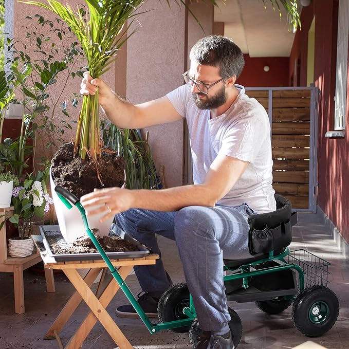 Rolling Garden Work Seat with WheelsGardening Stool for PlantingOutdoor Rolling Garden ScooterRolling Garden Cartwith 360° Swivel Seat &amp Steering Handle &amp Tool Trayfor Patio Lawn Yard (Gr