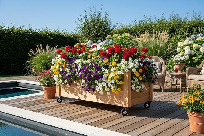 Tall Cedar Planter Box with Locking Wheels – Mobile Raised Garden Bed for Patio Balcony &amp Business Entrances – Wooden Planter with Brakes for Flowers Herb &amp Vegetable Plants (30 x 16.5 x 2