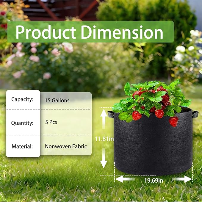 iGarden Grow Bags Tall15 Gallon Grow Pots 5 Pack with Handles Heavy Duty 320G Thickened Nonwoven Fabric Plant Bag for Vegetables Black