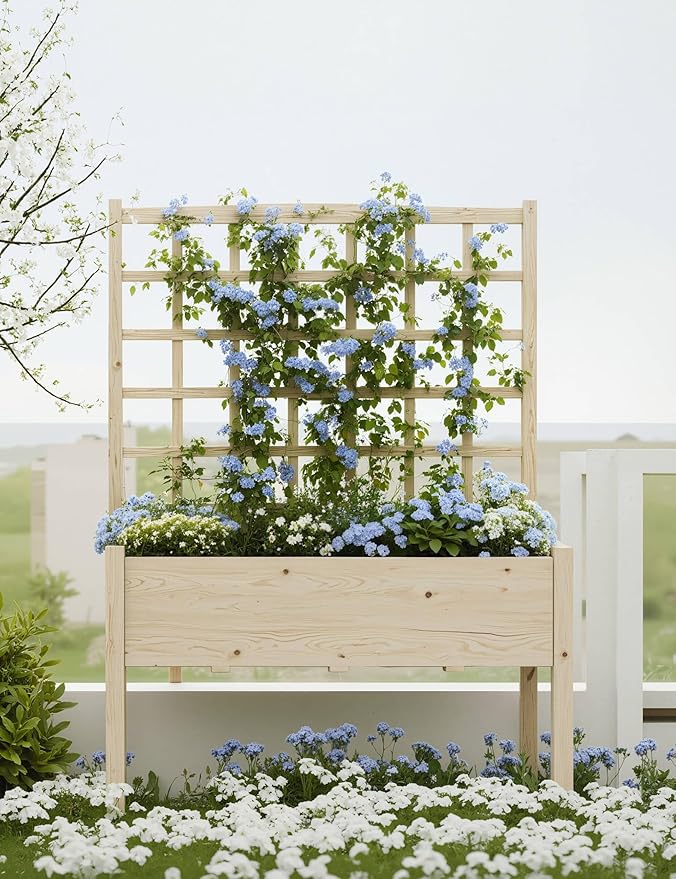 Raised Garden Bed with Trellis Elevated Planter Box with Legs For Backyard Patio Balcony w/Bed Liner Wood Standing Planter Stand for Climbing Plants Flowers Vegetables Herbs 46 in x23 in x65 in