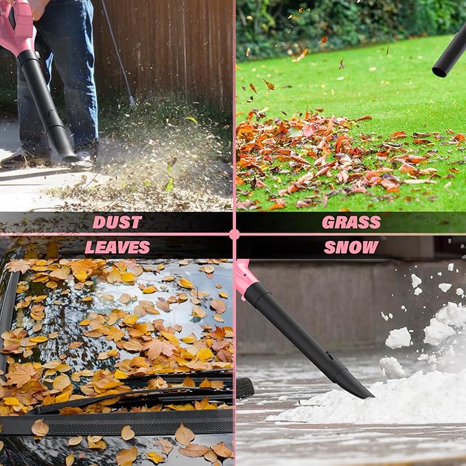 SOYUS Leaf Blower 20V Leaf Blower Cordless with 2x2.0Ah Battery and Charger 150 MPH Electric Leaf Blowers with Two-Speed Mode Blowers for Lawn Care Debris Dust Cleaning（Pink）