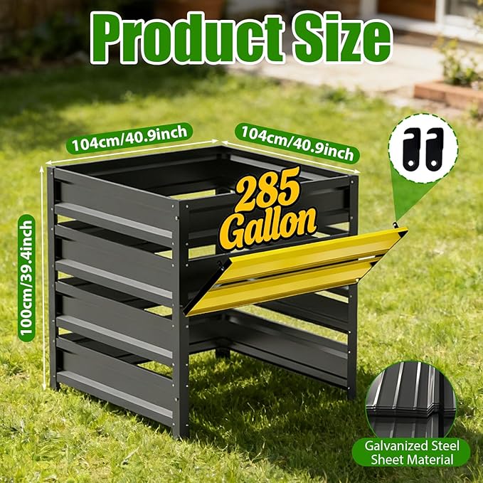 285 Gallon Compost Bin Outdoor Metal Compost Bins with with Pull-Out Door Galvanized Steel Sheet Heavy Duty Composting Bin for Outside Backyard Garden Patio Natural 41(L)*41(W)*39.4(H) inch