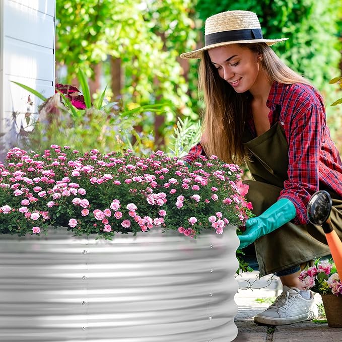 4×4×1FT Galvanized Raised Garden Bed Outdoor Steel Fire Pit Ring Flower Planter Large Round Planter Box Elevated Metal Raised Beds for Gardening Flower Bed Galvanized Tub for Vegetables Fruits