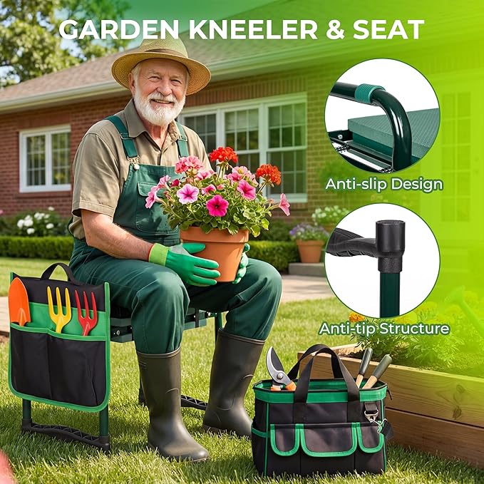 Walensee Foldable Garden Kneeler and Seat with Cross-Body Tool Bag &amp Removable Tool Pouch Heavy Duty Garden Stool with Soft Leather Kneeling Pad No Assembly Ideal Gardening Gift for Women &amp