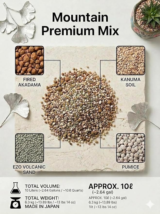 Premium Succulent &amp Bonsai Soil Mix with Fired Akadama Kanuma Ezo Volcanic Sand &amp Pumice - Fast Draining Volcanic Rock Substrate for Cacti &amp Alpine Plants - 10 Liters (13.5 lbs)