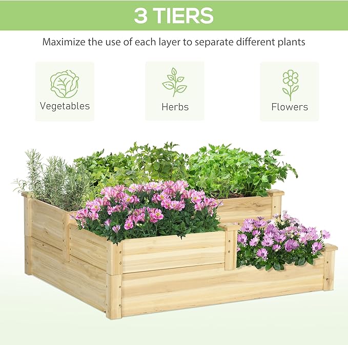 Outsunny 3 Tier Raised Garden Bed Outdoor Planter Box Wooden Garden Box with Open Bottom for Growing Vegetables Herbs Flowers 42.5 x 34.75 x 14.25 Natural