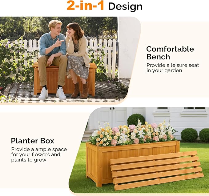 VINGLI 41 Raised Garden Bed with Wooden Bench Lid Multi-Functional Rectangular Wood Planter Box Cedar Wood Outdoor Planter Boxes for Flower Vegetable Herb Gardening