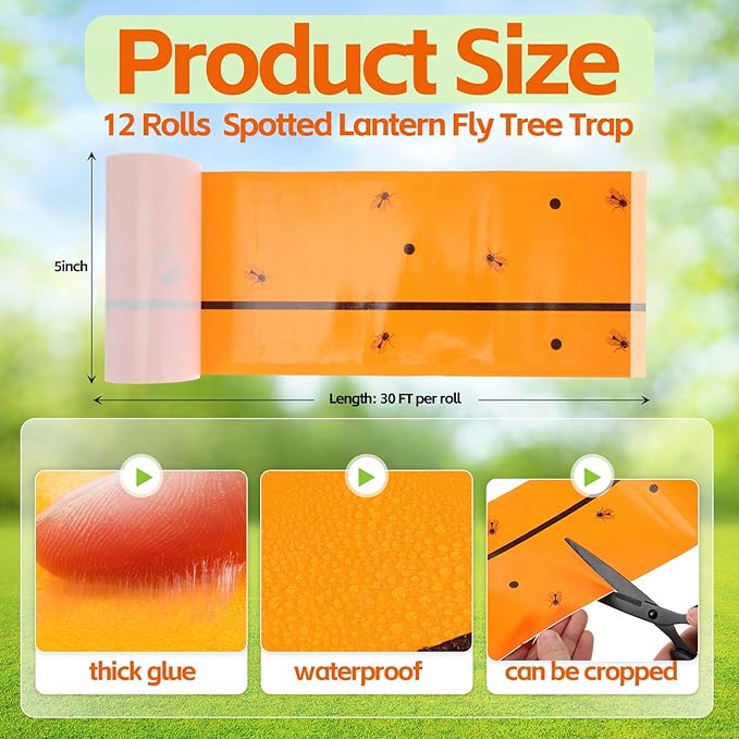 12 Rolls (30 Feet Each) Spotted Lantern Fly Tree Trap Outdoor Fruit Fly Sticky Strips Paper Ant Insect Sticky Barrier Tree Trunk Wraps to Protect Trees Plants Lawn Garden(Orange)