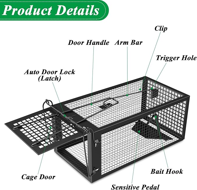 2 Packs Humane Rat Trap Outdoor Mouse Traps Indoor Use Rodent Chipmunk Traps for Small Live Animal Catch and Release - Black