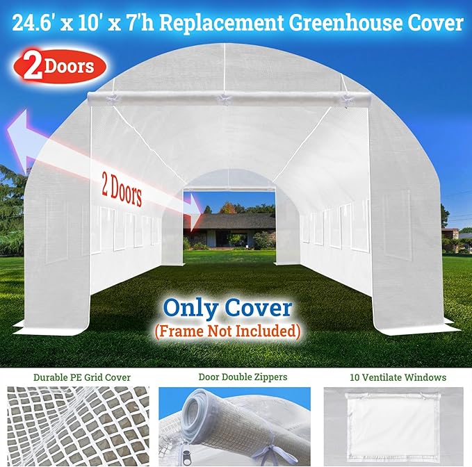 YardGrow 2-Doors Replacement Greenhouse Cover for Larger Walk in Outdoor Yard Plant Gardening Hot House Cover ONLY (24.6'x10'x7' White)