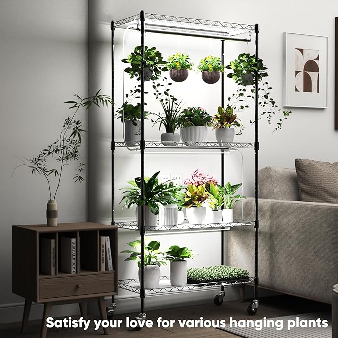 Plant Shelf with Grow Light 4-Tier Metal Grow Light Shelf with Hanging Rod and Adjustable Rack3-Pack 6000K T12 LED Full Spectrum Grow Lights for Seed Starting Succulents Built-in Timer