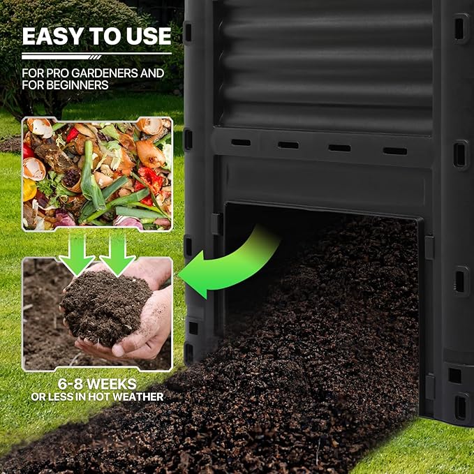 MoNiBloom 80 Gallon Large Compost Bin BPA Free Outdoor Composting Tumblers for Garden Patio All-Season Fast Working Rotating Chamber Composters for Garden Patio w/Sliding Door
