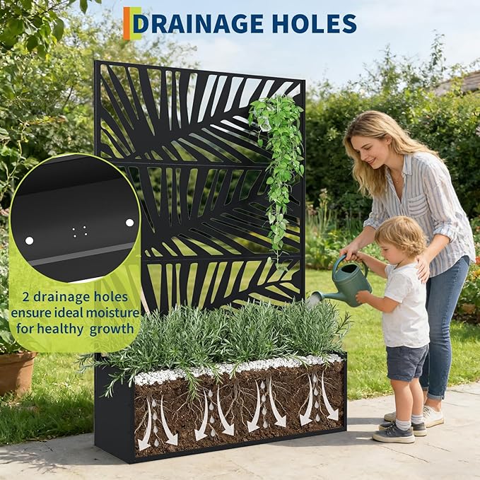 Large Metal Raised Garden Bed Planter Box with Trellis – Deep 15.8 for Climbing Plants Vegetables Privacy Screen Drainage Holes Modern Outdoor – 118x40x180cm Palm Leaf Design