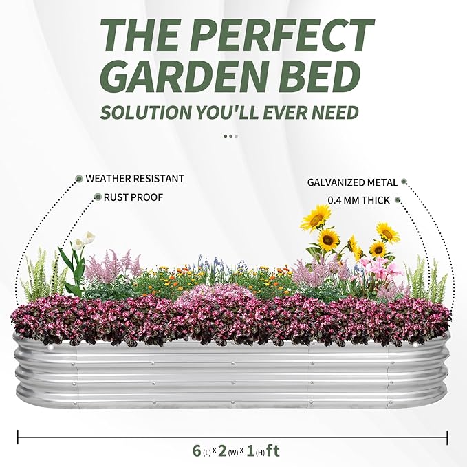 1MORE Galvanized Raised Garden Bed- Planter Garden Boxes Outdoor Raised Beds for Gardening 6x2x1ft Metal Garden Bed Kit for Vegetables Flower Planter Raised Beds with Protective Tape &amp Tools.Si
