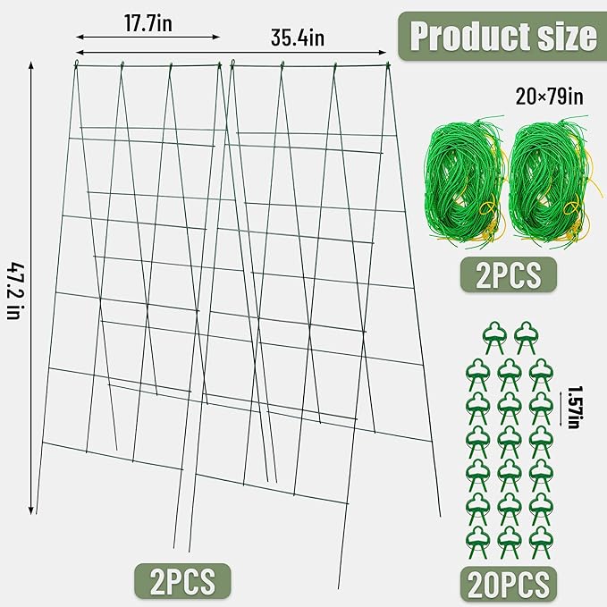 Pack 2 Heavy Metal Garden Trellis for Climbing Plants with Trellis Netting &amp Garden Clips A-Frame Cucumber Trellis for Raised Bed