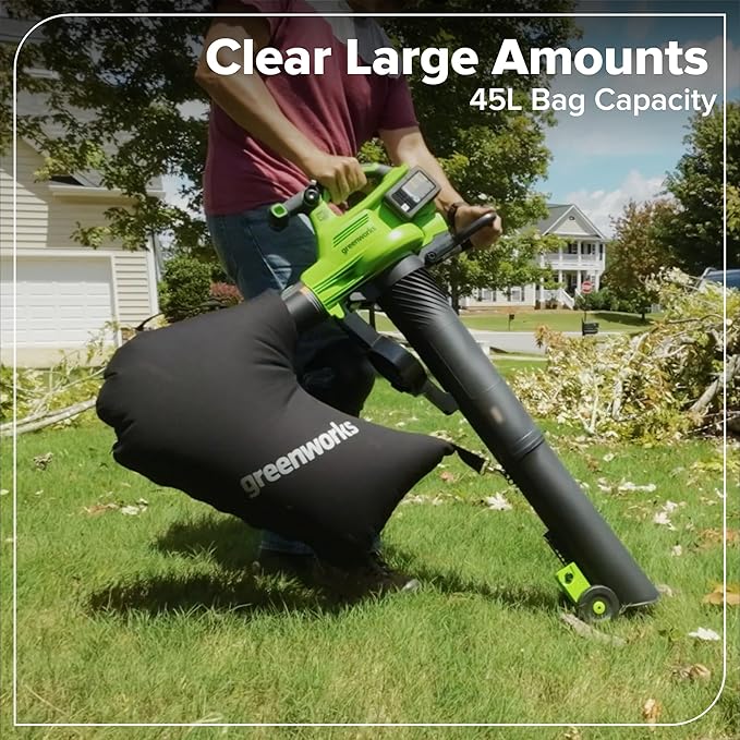 Greenworks 48V (24V x 2) 3-in-1 Brushless Blower Vacuum Mulcher (520 CFM / 240 MPH) Powerful for Yard Lawn Patio and Driveway Cleanup Includes (2) 6.0Ah Batteries and 100W Fast Charger