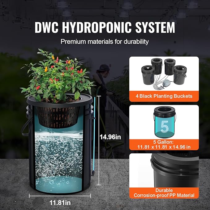 Happybuy DWC Hydroponics Grow System 5-Gallon 4 Buckets Deep Water Culture with Top Drip Kit Air Pump Air Stones Water Level Device for Leafy Vegetables