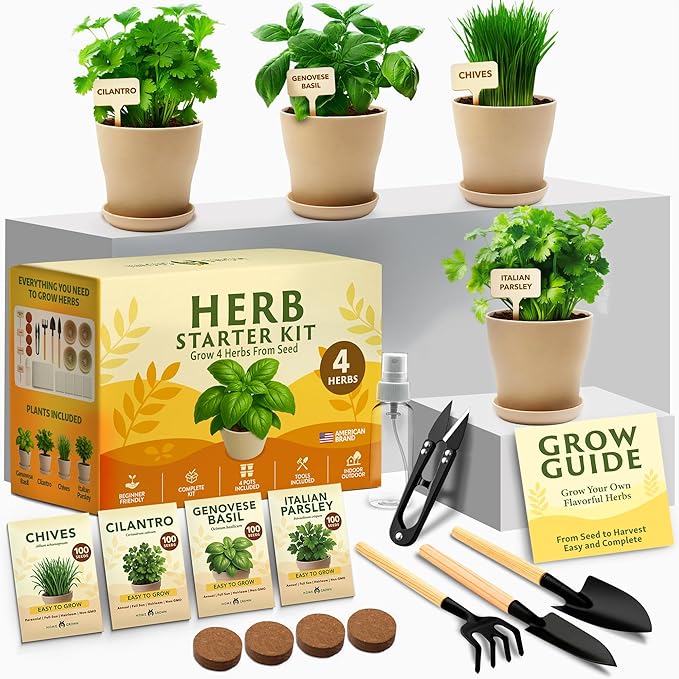 HOME GROWN Herb Garden Planter Indoor Kit – Unique Christmas Gift for Adults Men &amp Women - Grow 4 Heirloom Herb Seeds on Kitchen Window – Beginner DIY Craft &amp Hobby Gardening Gift for Plant