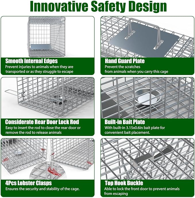Live Animal Trap Cage 27 Heavy-Duty Folding Catch and Release Steel Humane Cat Trap for Racoons Stray Cats Rabbits Beavers Hedgehogs Chipmunk Small Wildlife Control