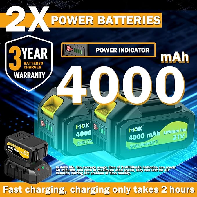 MOK Leaf Blower Cordless650CFM/170MPH Brushless Motor Electric Cordless Leaf Blower with 2 x 21V 4.0Ah Battery and Charger 3-Variable Speed Blower for Lawn Care Patio Cleaning(Yellow) ﻿