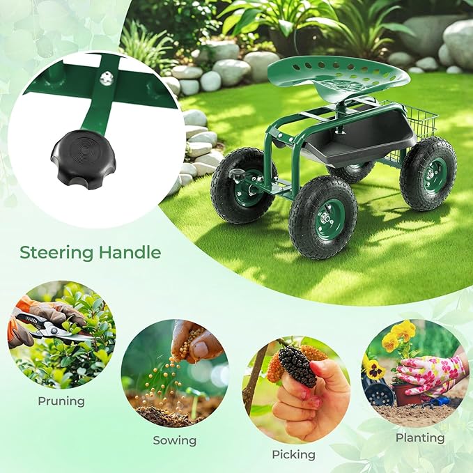 DORTALA 4-Wheel Rolling Garden Cart Work Seat with 360 Swivel &amp Height Adjustable Seat Heavy Duty Planting Cart with Storage Basket Green