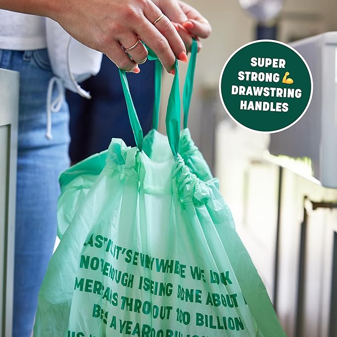 HoldOn 13-Gallon Trash Bags – Plant-based Tall Kitchen Trash Bags with Drawstring Handles for Tall Trash Bins Heavy-duty and Compostable Large Trash Bags (40 bags)