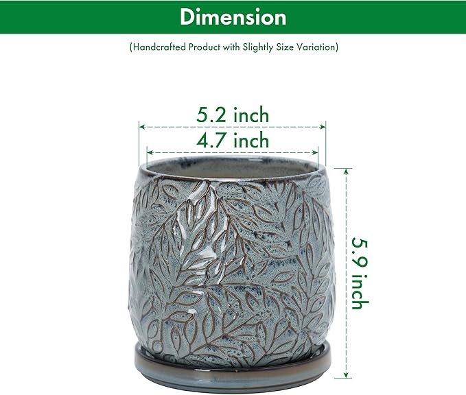 D'vine Dev 5 Inch Embossed Leaves Stoneware Planter Pot with Drainage Hole and Saucer Graphite Blue 27-A-V-9