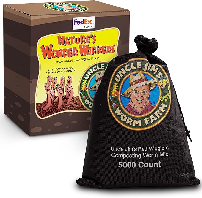Uncle Jim's Worm Farm 5000 Count Red Wiggler Composting Worms Mix for Garden Soil or Fishing | Starter Pack of Compost Worms Improves Soil Structure and Quality for Healthier Gardens