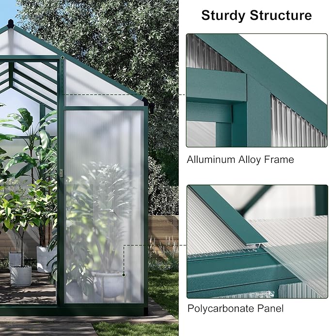 Greenhouse for Outdoors Polycarbonate Greenhouse with Quick Setup Structure and Roof Vent Aluminum Large Walk-in Greenhouse for Outside Garden Backyard (Green 10'D x 6.25'W)