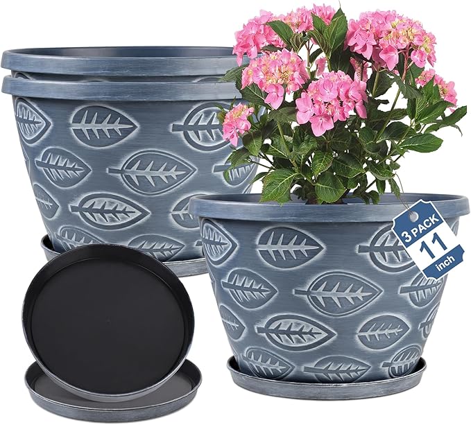 Outdoor Flower Pots for Plants Set of 3 Pack 11 Inch Planter Pot Large Plastic Plant Pots Indoor Plants with Drainage Holes &amp Trays Modern Decorative Garden Containers Sets for House(Blue)