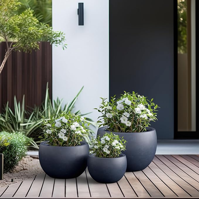 Kante 19.915.711.8 Dia Round Concrete Planter Set of 3 Outdoor/Indoor Large Bowl Plant Pots with Drainage Hole and Rubber Plug for Garden Patio Balcony Home Dark Gray