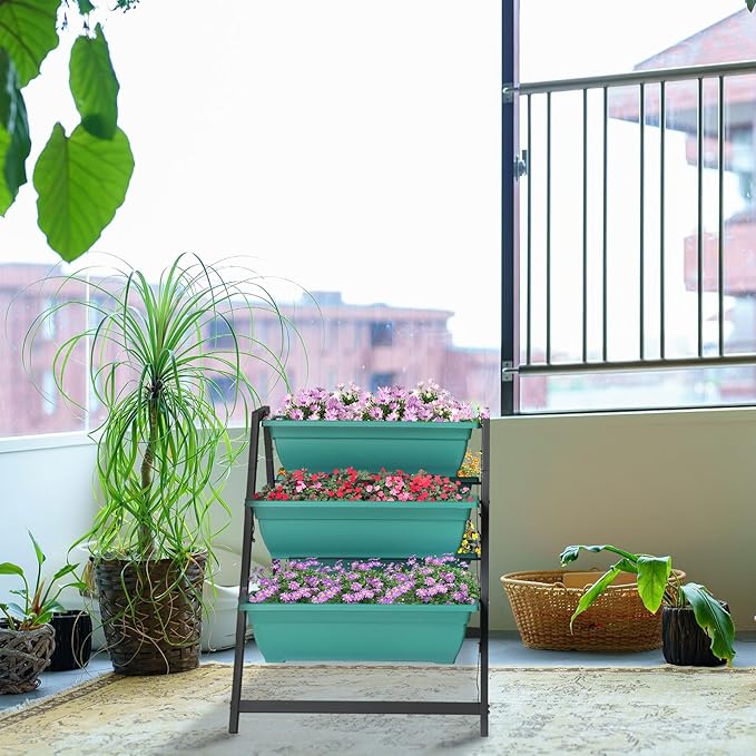 3 Tier Vertical Raised Garden BedPlastic &amp Metal Tiered Planter StandFoldable Indoor/Outdoor Plant Display RackFlower Planter Raised Standwith 5 Boxesfor Patio Lawn Porch Yard Balcony (Green)
