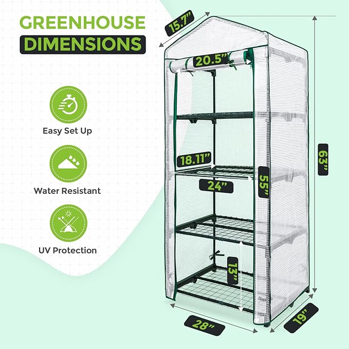 EAGLE PEAK 4-Tier Mini Greenhouse Portable Green House with Shelves &amp Weather-Resistant PE Cover Small Greenhouse for Seedlings &amp Gardening Gifts 27x19x64 in Clear/White