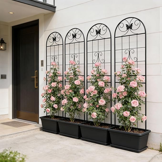 4 Pack Large Garden Trellis Heavy Duty Rustproof Iron Plant Trellis for Potted Plant Support Metal Climbing Rose Trellis Vine Vegetable CucumberBlack-71 H x 19.7 W