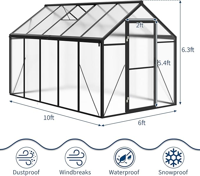 6×10FT Greenhouses for Outdoors Aluminum Polycarbonate Greenhouses with Roof Vent - Heavy-Duty Walk-in Green Houses for All-Season Backyard Gardening