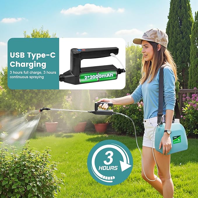 Battery Powered Sprayer 1.35 Gallon 2026 Electric Garden Sprayer with 3 Adjustable Speeds 4 Mist Nozzles Rechargeable Handle Retractable Wand with Adjustable Shoulder Strap for Weed Lawn(Blue)