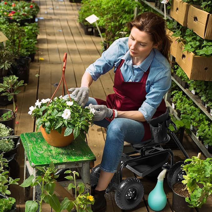 Rolling Garden Cart Rolling Workseat with 4 Wheels Tool Tray Removable Cushion Storage Basket Handles Adjustable Height &amp 360 Swivel Work Seat Gardening Stool for Patio Lawn Garden Yard Bl